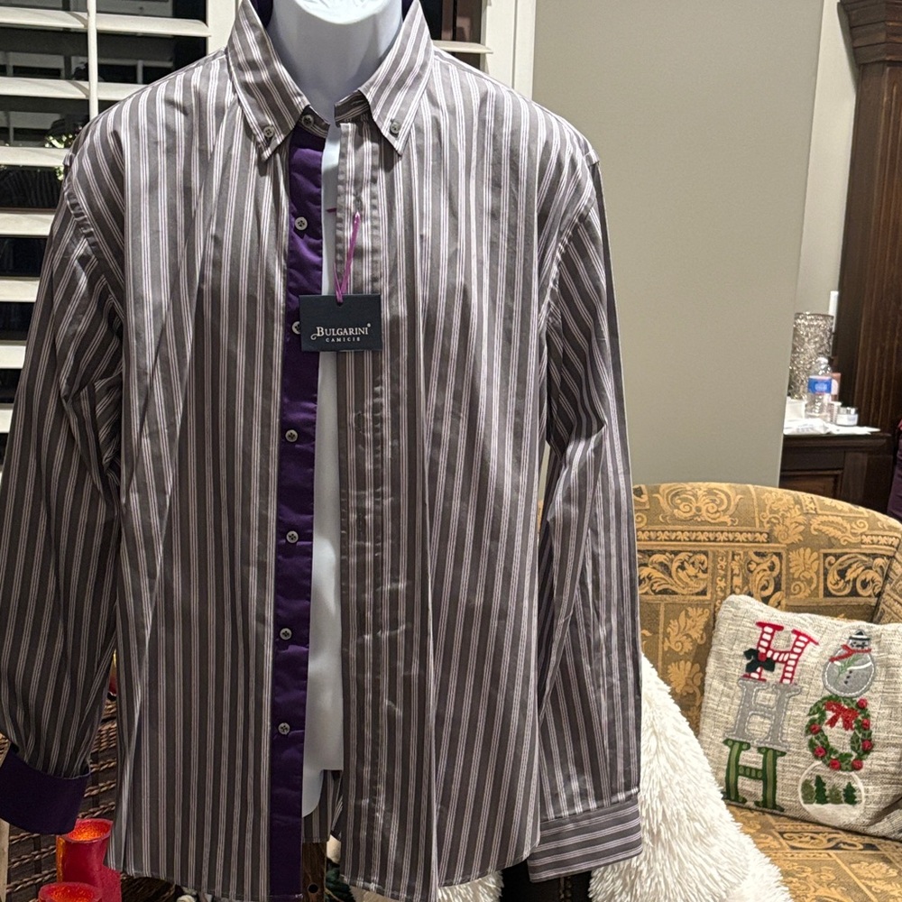 Bulgarini (made in Italy) Men's Striped Shirt - Violet and Gray, new with tags